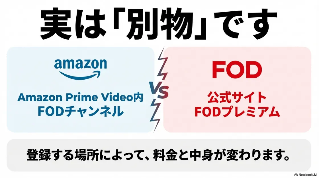 Amazon Prime Video内のチャンネル版と、公式サイトのFODプレミアムは内容が別物であることを示す比較画像