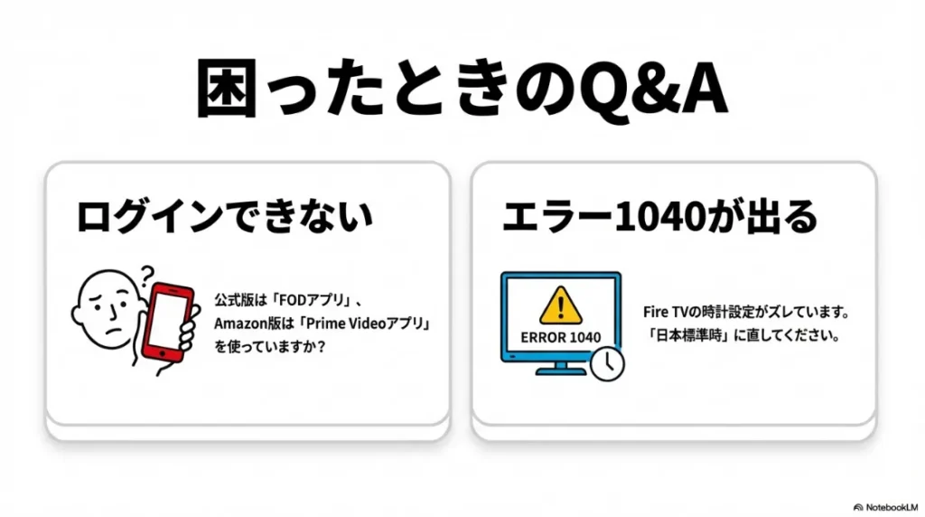 ログインできない時のアプリ確認や、Fire TVの時計設定ミスによるエラー1040の解決方法