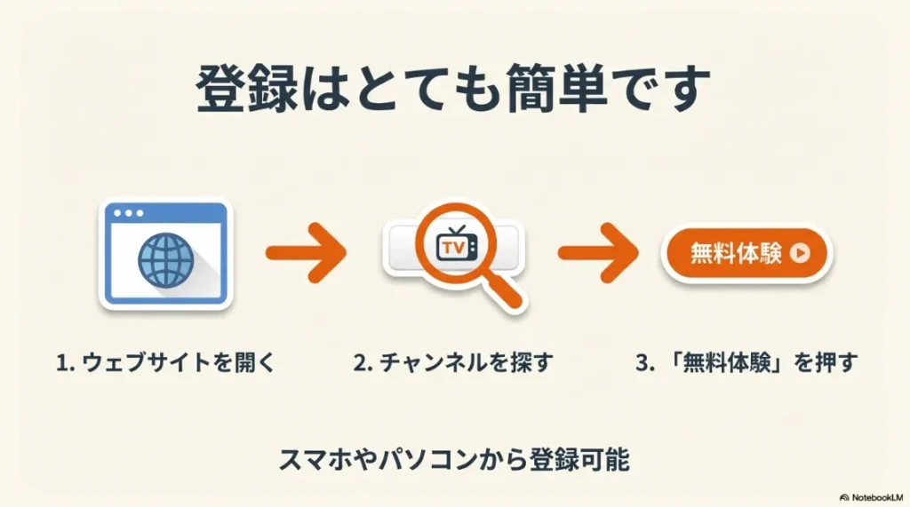 ウェブサイトからチャンネルを探し、無料体験ボタンを押すだけの簡単な登録手順