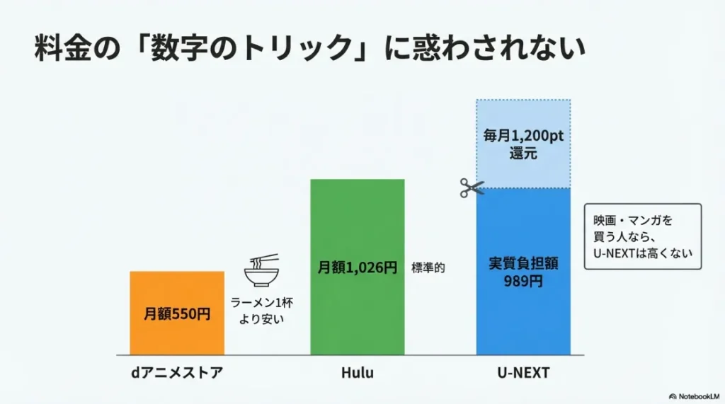 U-NEXTの1200ポイント還元による実質負担額、Huluの標準料金、dアニメストアの550円という安さを比較した料金表のスライド。