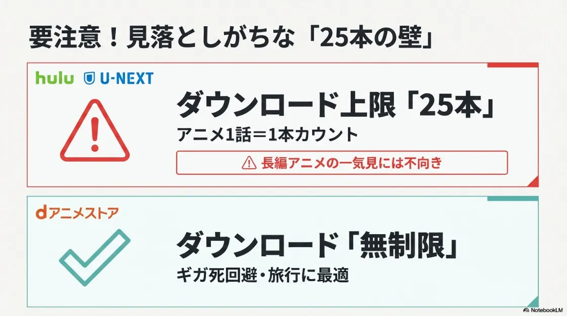 HuluとU-NEXTにある25本のダウンロード上限と、dアニメストアの無制限の違いを解説する注意喚起スライド。