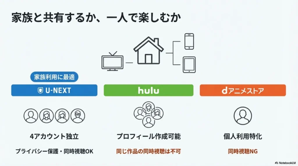 U-NEXTの4アカウント独立、Huluのプロフィール作成、dアニメストアの個人利用特化と同時視聴NGを比較したアイコン図。