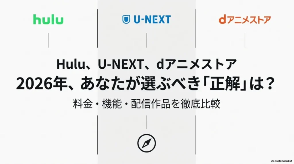 Hulu、U-NEXT、dアニメストアの2026年最新比較。料金、機能、配信作品から選ぶべき正解を徹底比較するタイトルのスライド画像。