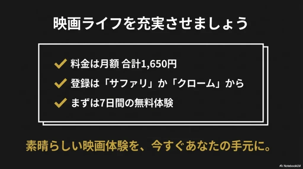 料金、登録方法、無料体験についてまとめた、映画ライフを充実させるためのチェックリスト。