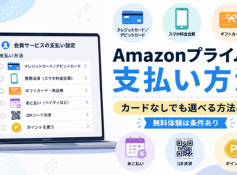 Amazonプライムの支払い方法を、クレジットカード・キャリア決済・ギフトカード・あと払い・QR決済・ポイントのアイコンで解説したイメージ