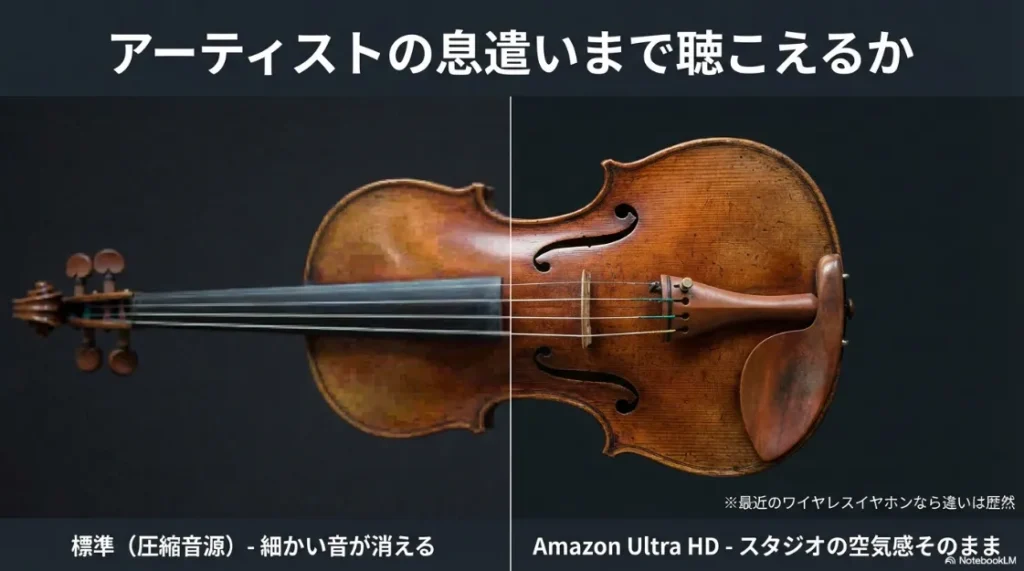 バイオリンの画像を例に、細かい音が消える標準音質と、スタジオの空気感を再現するAmazon Ultra HDの差を視覚的に表現した比較図。