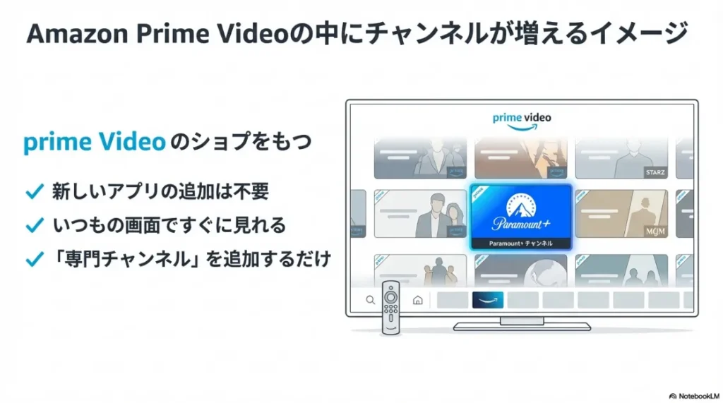 テレビ画面に表示されたAmazon Prime Videoのインターフェース。Paramount+チャンネルが他の専門チャンネルと並んで表示されているイメージ。