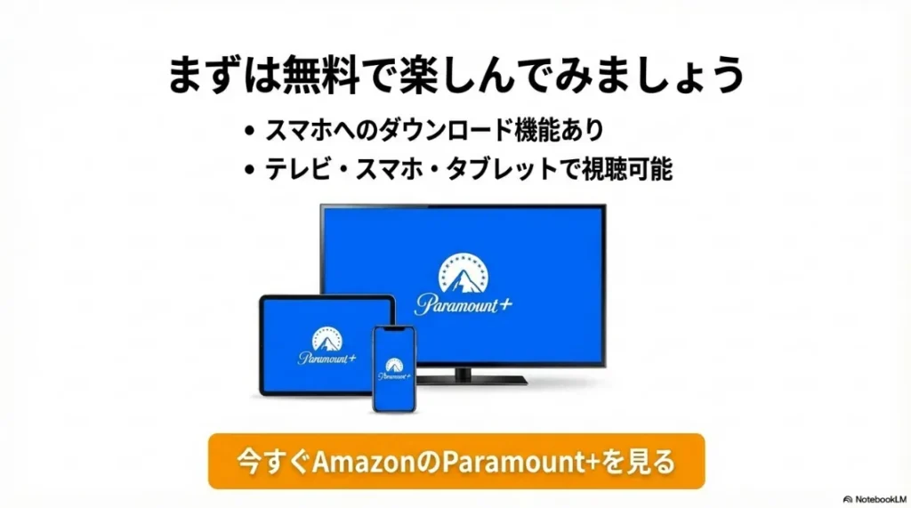 テレビ、タブレット、スマートフォンの画面にParamount+のロゴが表示されている、マルチデバイス対応を示すイメージ画像。