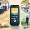 スマートフォンのオーディオブック再生画面と、通勤・皿洗い・犬の散歩をしながら本を聴く様子