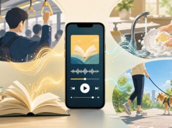 スマートフォンのオーディオブック再生画面と、通勤・皿洗い・犬の散歩をしながら本を聴く様子