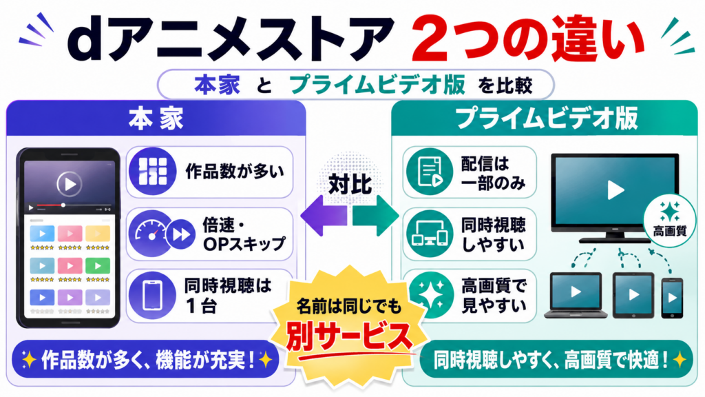 dアニメストア本家とプライムビデオ版の作品数・倍速再生・同時視聴・画質の違いを比較した画像