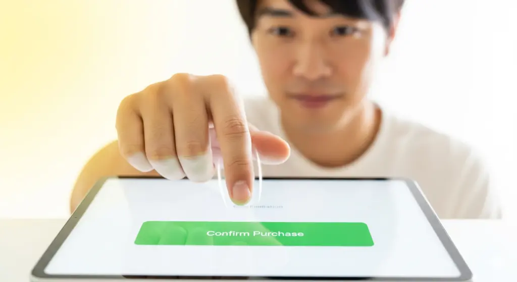 Amazonでワンクリック購入をする日本人男性。指一本で簡単に決済が完了する様子を表現しています。