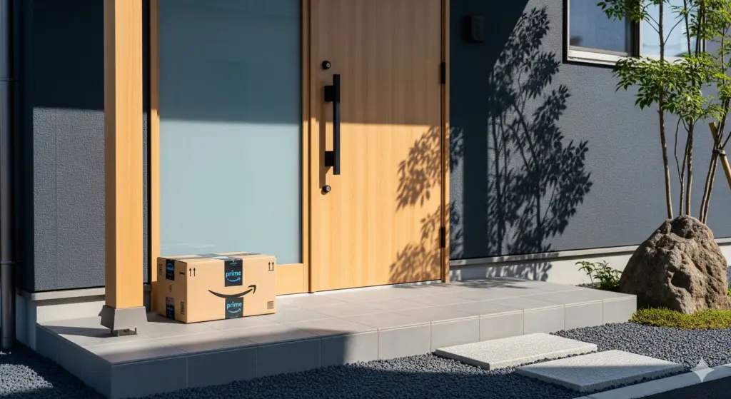 日本の現代的な住宅の玄関ドアの横に、きれいに置かれたAmazonの荷物。便利な置き配サービスが完了した様子。