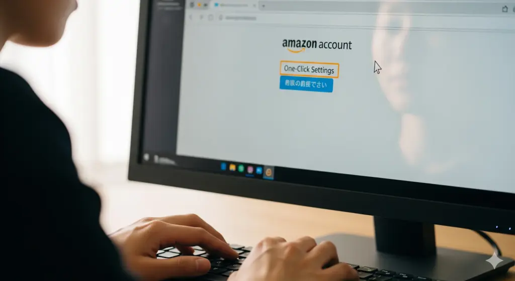 パソコンの画面に表示されたAmazonのアカウントサービスページを操作し、ワンクリック設定を解除しようとする日本人。