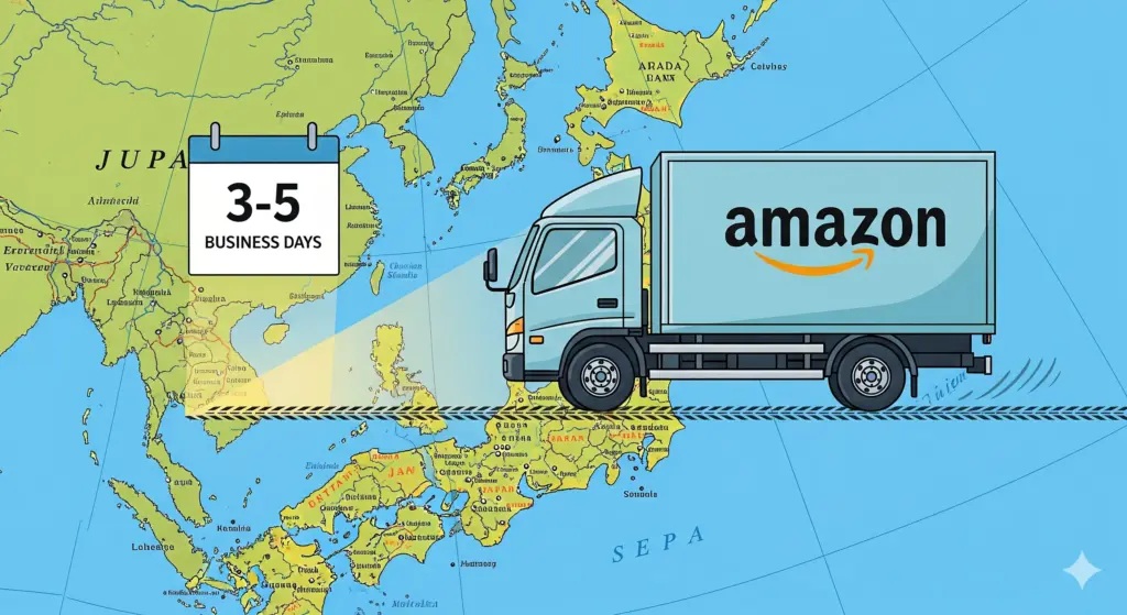 日本地図の上を走る配送トラックと、カレンダーの日付を指し示すイラスト。Amazonの通常配送にかかる日数のイメージ。