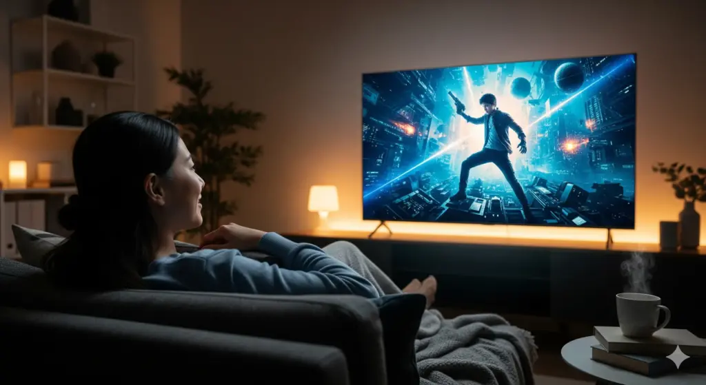薄暗い部屋で、大画面のテレビに集中して映画を視聴している日本人女性。