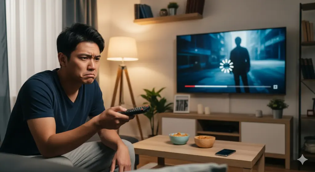 映画の途中で広告が入り、いらいらした表情を浮かべる日本人男性。