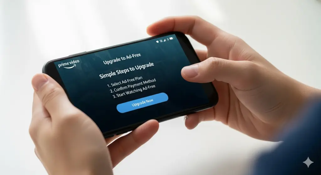 スマートフォンの画面に表示されたAmazonプライムビデオの広告なしプラン登録画面。
