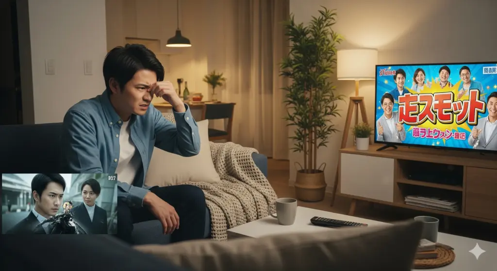 テレビに表示された広告を見て不満そうな表情を浮かべる日本人。