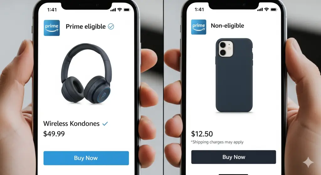 スマートフォンの画面に表示された、プライム対象商品と対象外商品を比較している様子のイメージ画像。