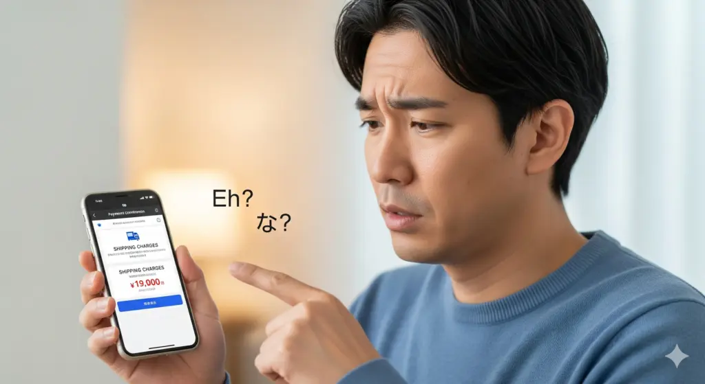 スマートフォンの決済画面を見て、少し困惑した表情を浮かべている日本人男性。予期せぬ配送料についての疑問を表現。