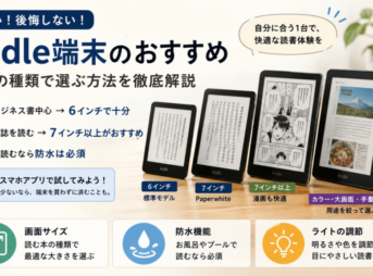 Kindle端末のおすすめと選び方を、画面サイズ・防水機能・ライト調節の3つの基準で比較したアイキャッチ画像
