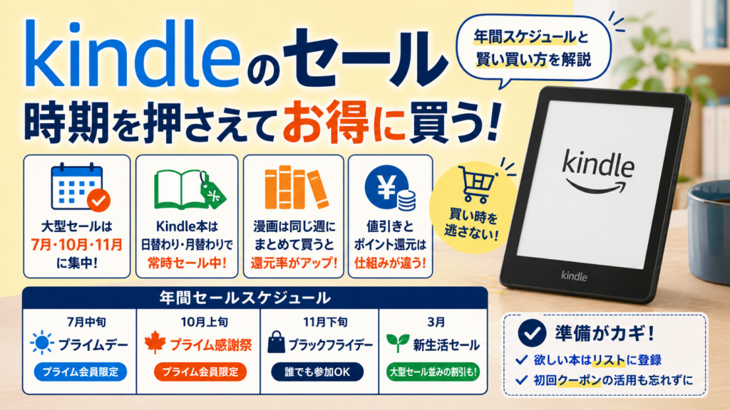 kindleの大型セール時期と年間スケジュール、日替わり・月替わりセールやまとめ買いのポイントを解説したアイキャッチ画像