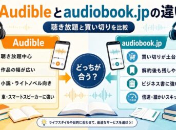 Audibleとaudiobook.jpの違いを、聴き放題・買い切り・作品ジャンル・対応デバイスで比較した画像