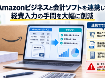 Amazonビジネスと会計ソフトを連携し、商品明細・適格請求書・税率を自動取り込みする仕組みと二重計上の注意点を示した画像