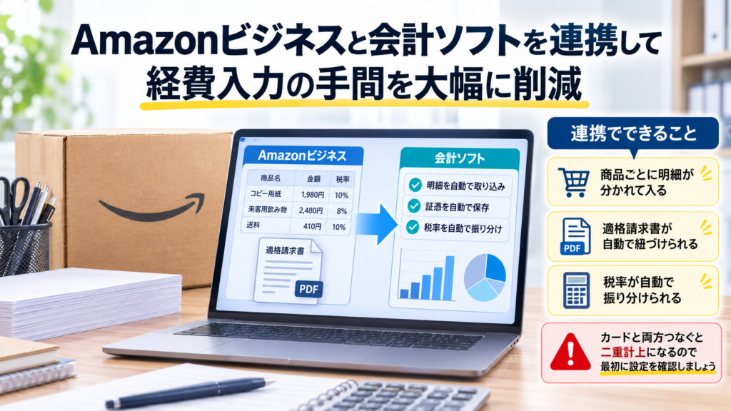Amazonビジネスと会計ソフトを連携し、商品明細・適格請求書・税率を自動取り込みする仕組みと二重計上の注意点を示した画像