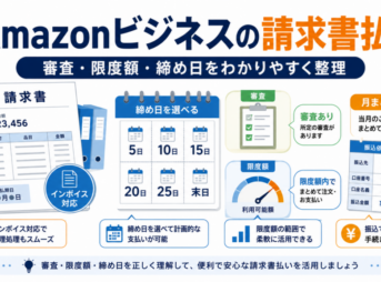 Amazonビジネスの請求書払いについて、審査・限度額・締め日・インボイス対応・月まとめ払いの仕組みを解説したイメージ