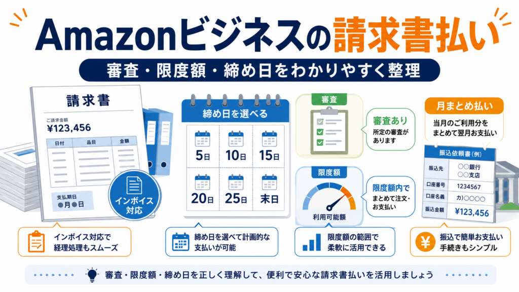 Amazonビジネスの請求書払いについて、審査・限度額・締め日・インボイス対応・月まとめ払いの仕組みを解説したイメージ