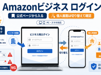 Amazonビジネスのログイン方法と、個人用画面からビジネス画面へ切り替える方法を解説したイメージ画像