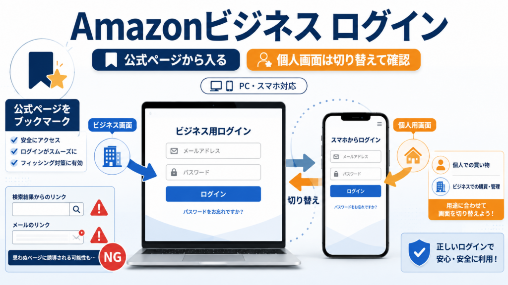 Amazonビジネスのログイン方法と、個人用画面からビジネス画面へ切り替える方法を解説したイメージ画像