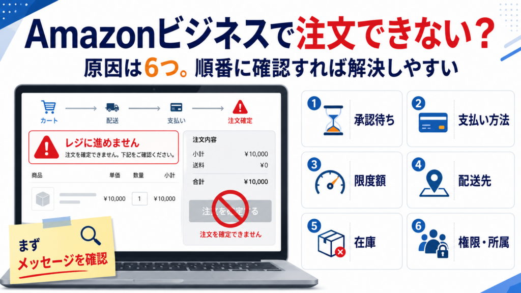 Amazonビジネスで注文できないときに確認する6つの原因「承認待ち・支払い方法・限度額・配送先・在庫・権限・所属」を示した解説画像