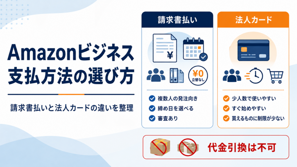 Amazonビジネスの支払方法について、請求書払いと法人カードの違いや選び方、代金引換が利用できない点を比較した画像