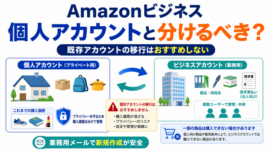 Amazonビジネスと個人アカウントの違い、既存アカウントを移行せず業務用メールで新規作成して使い分ける方法を示した画像