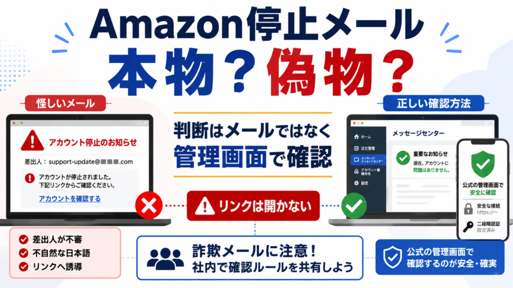 Amazonのアカウント停止を装った詐欺メールと、管理画面で本物か偽物か確認する方法を比較したイメージ