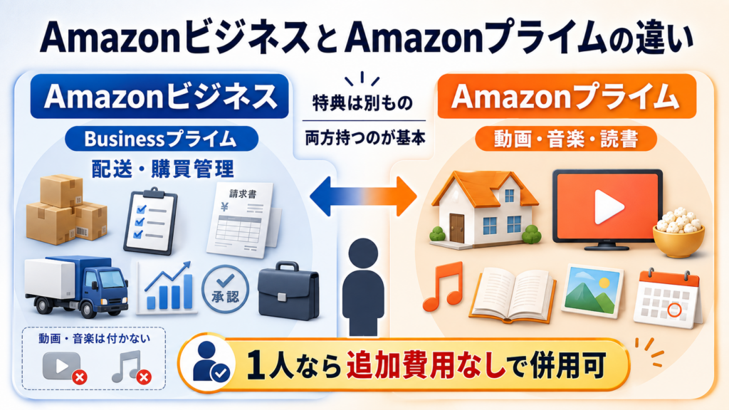 AmazonビジネスとAmazonプライムの違いを、配送・購買管理と動画・音楽・読書の特典で比較した図