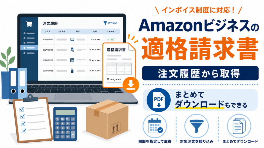 Amazonビジネスの適格請求書を注文履歴から取得し、期間指定でまとめてダウンロードできることを示したアイキャッチ画像