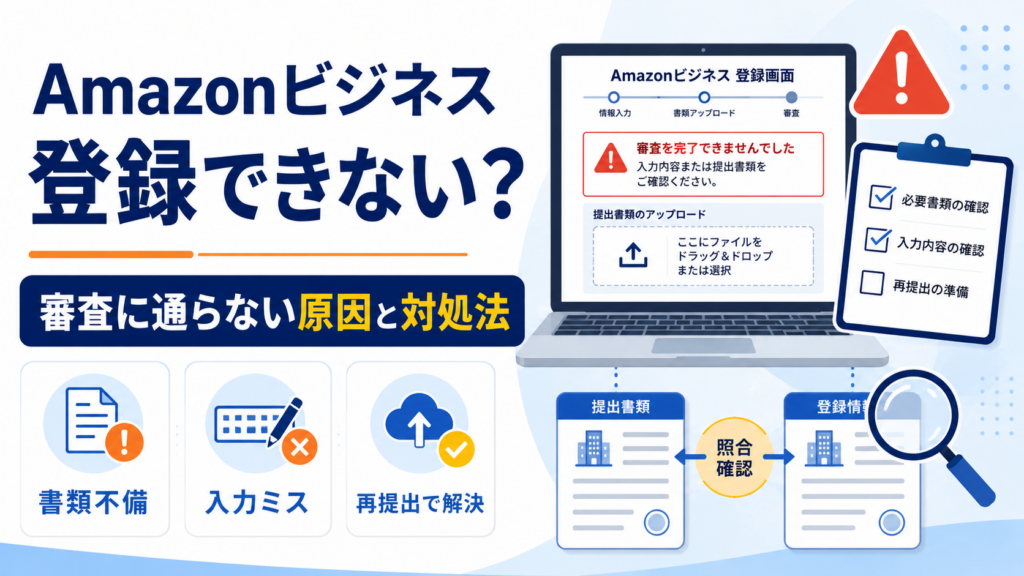 Amazonビジネスに登録できない原因として書類不備や入力ミスを示し、審査に通らない場合の対処法と再提出を解説するアイキャッチ画像