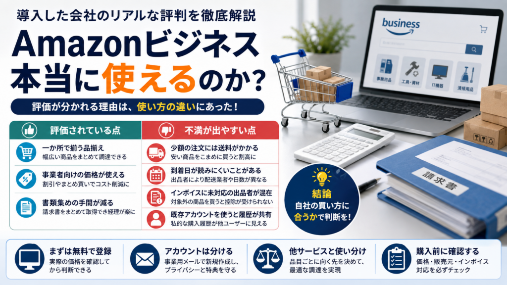 Amazonビジネスの評判を、品揃え・事業者向け価格・経理効率化などのメリットと、送料・配送日・インボイス対応などのデメリットに分けて解説した画像