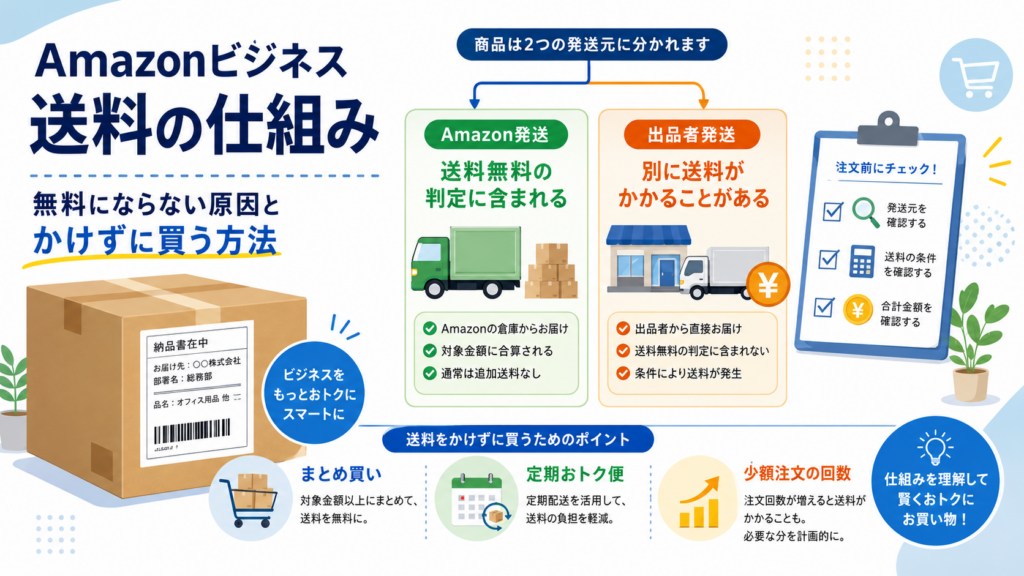 Amazonビジネスの送料の仕組みについて、Amazon発送と出品者発送の違いや、送料が無料にならない原因、まとめ買い・定期おトク便などの対策を解説した図解。