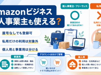 Amazonビジネスは個人事業主やフリーランスも利用でき、屋号なしでも登録可能で、個人用と事業用のアカウントを分けて管理するポイントを示した画像