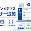 Amazonビジネスのユーザー追加方法を示すイラスト。招待メール、権限設定、グループ管理とユーザー管理画面を図解。
