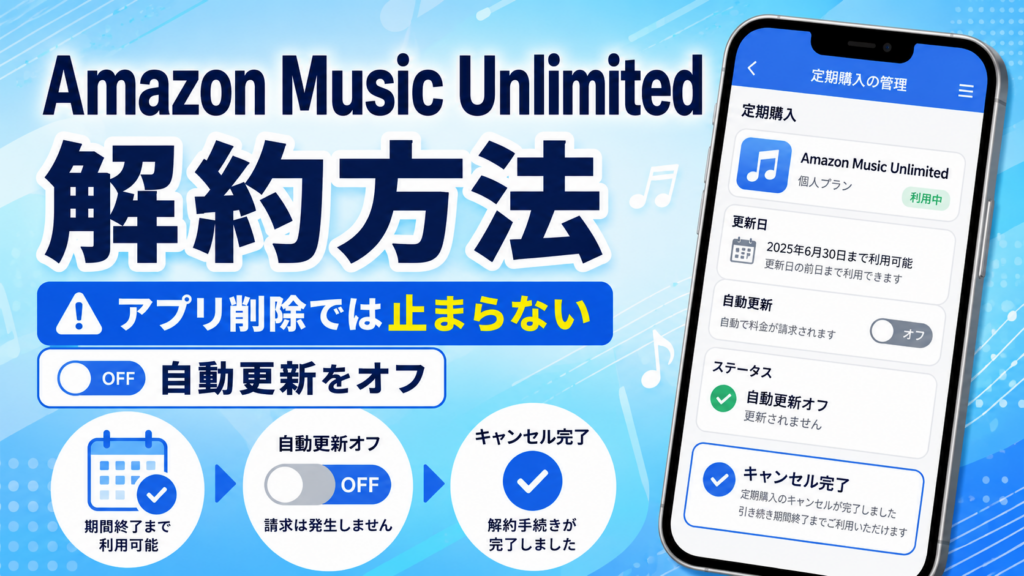 Amazon Music Unlimitedの解約方法と、自動更新をオフにして期間終了まで利用できることを説明した画像