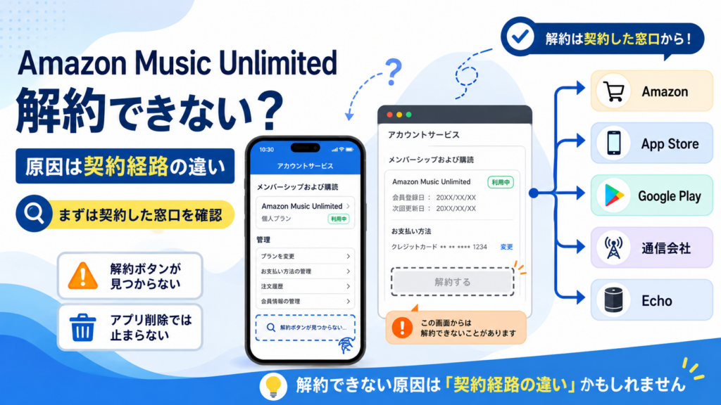 Amazon Music Unlimitedを解約できない原因となる契約経路の違いと、Amazon・App Store・Google Play・通信会社・Echoごとの解約窓口を示した画像