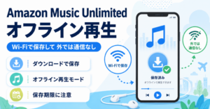 Amazon Music Unlimitedのオフライン再生方法と、Wi-Fiで曲を保存して外出先の通信量を抑える方法を解説したイメージ