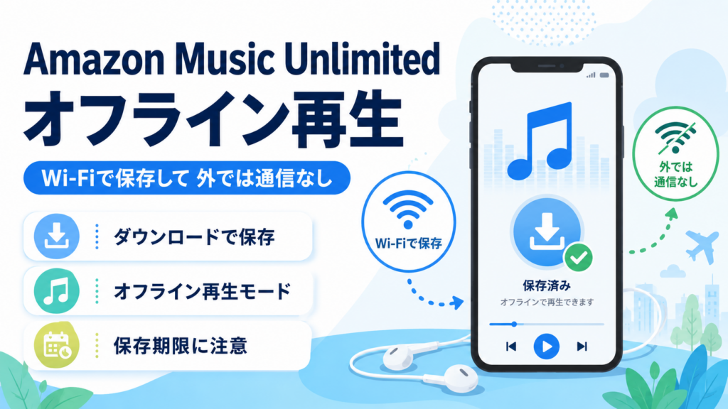 Amazon Music Unlimitedのオフライン再生方法と、Wi-Fiで曲を保存して外出先の通信量を抑える方法を解説したイメージ