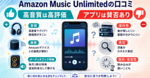 Amazon Music Unlimitedの口コミを、高音質やAmazonデバイスとの連携などの良い評価と、アプリの操作性や洋楽のカタカナ表記などの不満点に分けて比較した画像
